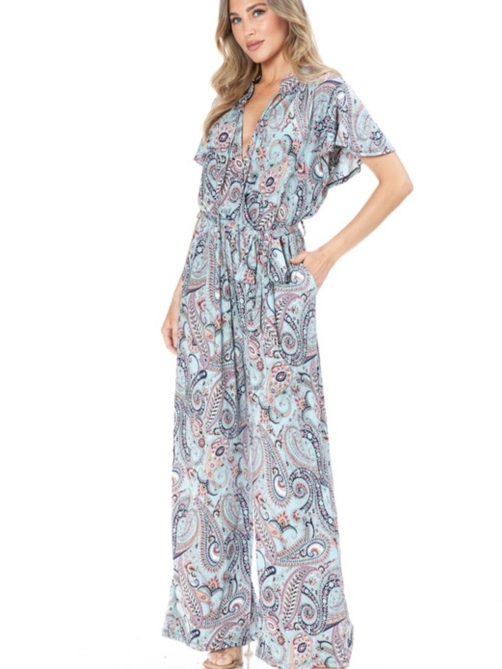 Paisley Print Light Blue Wide-Leg Jumpsuit with Drawstring - Picture 2 of 4
